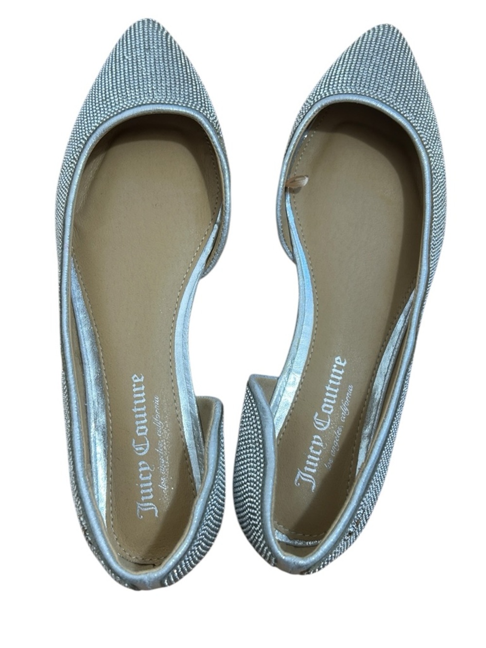 Juicy Couture Silver Rhinestone Pointed Ballet Flats size 8.5 NWOB